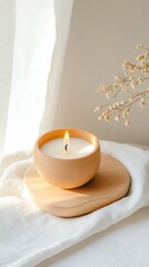 Aufkleber - Calm Serenity Minimalist Ceramic Meditation Bowl with Lit Candle on Wooden Surface Capturing Zen Aesthetics for Wellness Marketing and Tranquil Lifestyle Visuals