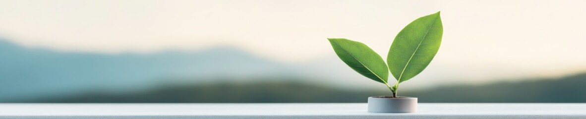 Canvas Print - Mindful Nature Decor Minimalistic Leaves in Ceramic Pot on Soft Light Background - Inspiring Eco-Friendly Workspace and Wellness Marketing Visuals