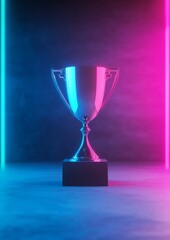 Aufkleber - Neon-Infused Esports Trophy Display on High-Tech Stage Chromatic Metal Under Digital Lights for Global Gaming Events Marketing and Youth Engagement