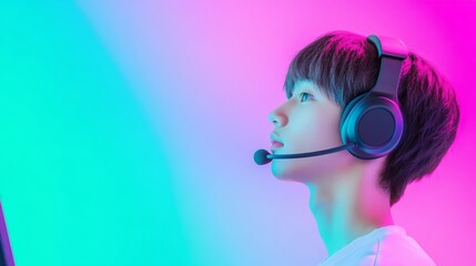 Aufkleber - Neon Gamerscape Asian Male, 20, Engaged with Futuristic Headset and Monitor - eSports Streaming for Virtual Competitions in Digital Entertainment and Global Fandom Engagement