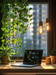 Poster - Urban Jungle Workspace Laptop on Minimalist Wooden Desk with Hanging Plants and Warm Lighting - Enhancing Creativity and Productivity in Modern Coworking Spaces