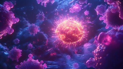 Aufkleber - Glowing cell surrounded by menacing viruses in a vibrant microscopic environment showcasing biological interactions. Generative AI