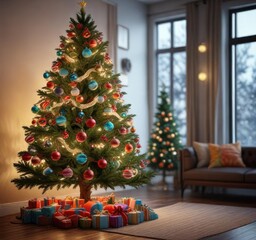 Wall Mural - A beautifully decorated Christmas tree with colorful ornaments and lights , holly, holiday