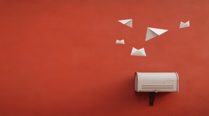 Leinwandbilder - Minimalist Communication Concept with Floating Paper Airplanes and Vintage Mailbox on Warm Red Background