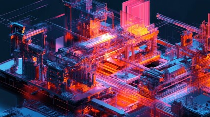 Wall Mural - A crosssectional view of a digital twin of an automated assembly station detailed with internal components synchronized with a highprecision image of the actual machinery performing