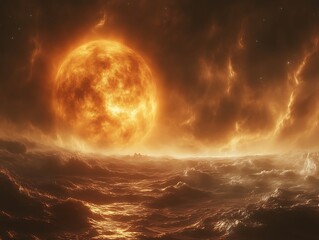 Wall Mural - Fiery red moon over stormy sea.