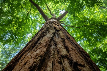 majestic tree trunk reaching skyward through lush green canopy