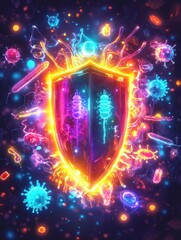 Fototapete - Shield created with vibrant colors deflects harmful microbes in a digital realm filled with glowing particles and viruses. Generative AI