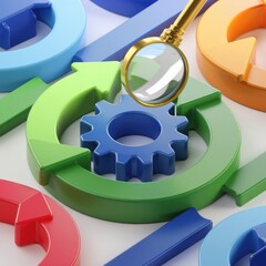 Aufkleber - A magnifying glass examines interconnected circular arrows and a gear, symbolizing process optimization and analysis.