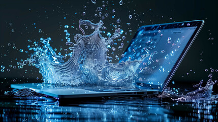 Wall Mural - a modern laptop on a dark surface with a dynamic water splash illustration, representing high-tech d
