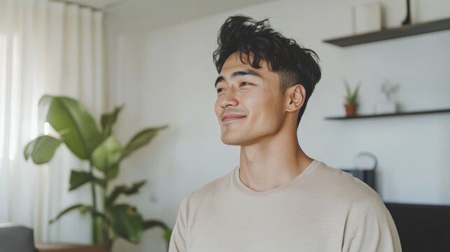 young kazakh man smiles in cozy modern living room, embracing morning light and a sense of gratitude