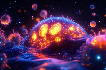 Aufkleber - Glowing cell under attack from menacing viruses in a vivid microscopic world. Generative AI
