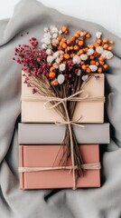 Wall Mural - A thoughtful arrangement of books tied with twine and adorned with dried flowers. This aesthetic display rests gently on a soft grey blanket, creating a serene and minimalistic atmosphere