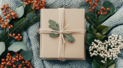 Wall Mural - A carefully arranged stack of vintage books is wrapped with twine and adorned with dried flowers, placed on a textured gray blanket, creating a warm and inviting atmosphere