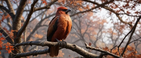 A large bird with a reddish-brown plumage perched on a tree branch, looking around cautiously , attesa, natura, cauto
