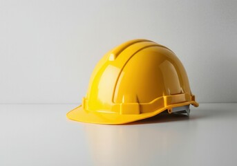 Yellow safety helmet resting on white surface, symbolizing workplace safety and construction industry standards