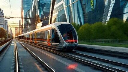Poster - Futuristic train speeds through modern city with skyscrapers, showcasing advanced technology and urban architecture, capturing essence of innovation and rapid transportation.