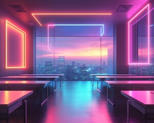 Fototapete - Futuristic Neon Classroom Overlooking City Skyline at Sunset