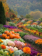Poster - Lush vegetable garden with rows of vibrant pumpkins, carrots, and cabbages in a colorful setting during autumn. Generative AI