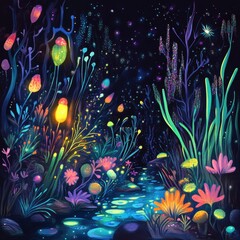 Poster - Discover a vibrant microscopic ecosystem filled with friendly microbes glowing in a magical setting. Generative AI