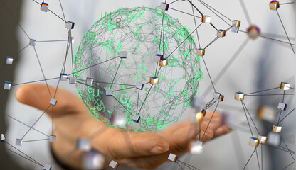 Neural network 3D illustration. Big data and cybersecurity