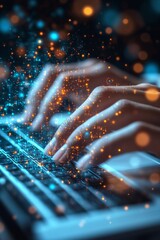 Poster - Futuristic Typing Digital Holograms and Sleek White Keyboard in Low-Light