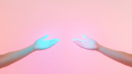 Leinwandbilder - Futuristic Collaboration Hands Holding Abstract Digital Tools in Cyberpunk Pastel Neon Glow