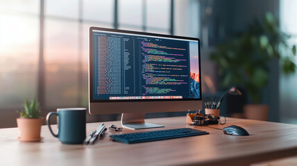 Wall Mural - modern programmer desk featuring computer displaying colorful code, coffee mug, and various tools. w