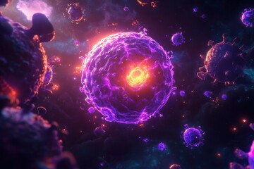 Poster - Glowing cell surrounded by menacing viruses in a vibrant digital environment at night. Generative AI