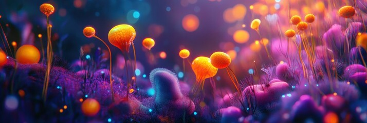 Poster - Exploring a vibrant microscopic ecosystem filled with friendly microbes and colorful fungi. Generative AI