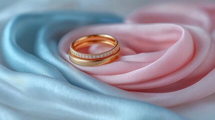 Aufkleber - Elegant Styling Gold Rings and Pastel Silk Scarves on Soft Fabric