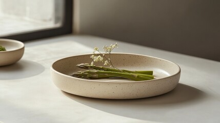 Aufkleber - Minimalist Spring Meal in Natural Light - Asparagus on Matte Ceramic Plate