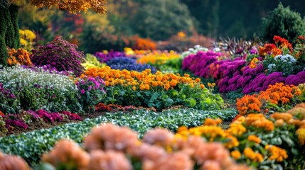 Aufkleber - Lush vegetable garden displaying vibrant rows of carrots, cabbages, and pumpkins during late afternoon sunlight. Generative AI