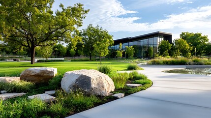 Wall Mural - Serene and Environmentally Conscious Suburban Park Featuring Modern Architecture Geothermal Powered Lighting and Harmonious of Nature and Technology