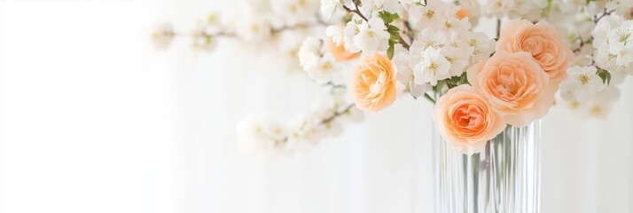 Canvas Print - Elegant Spring Florals Peach Roses and Cherry Blossoms in Crystal Vase