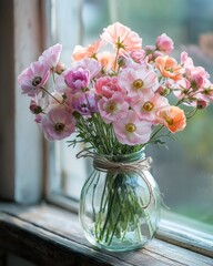 Canvas Print - Pastel Floral Arrangement on Sunlit Windowsill - Rustic Spring Decor