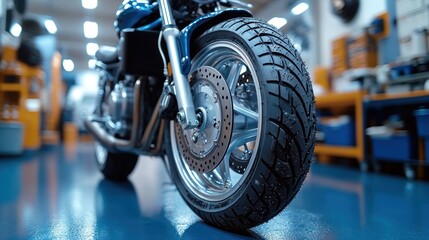 Wall Mural - Close-up view of a motorcycle's front wheel in a repair shop.