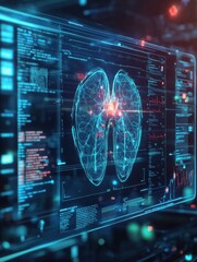 Fototapete - Diagnostic medical data displayed on a high tech screen featuring 3D lung visualization. Generative AI