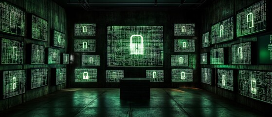 Poster - Illuminated Cybersecurity Room with Encrypted Data Streams and Digital Locks