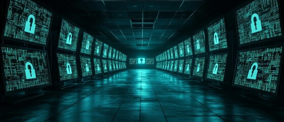 Poster - Modern Cybersecurity Hub Encrypted Data Streams in a Dimly Lit Control Room