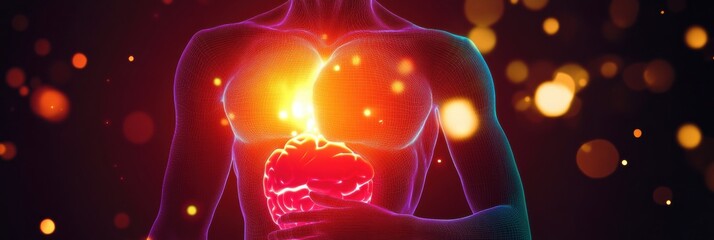 Poster - Glowing human torso showcasing energy emanating from the stomach area along with vibrant colors and abstract elements. Generative AI