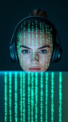 Leinwandbilder - Cyberpunk Latina Woman Monitoring Encrypted Data on Laptop in Low Light