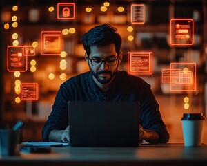 Aufkleber - Indian Man Engaged with E-Governance on Laptop Amid Floating Neon Notifications