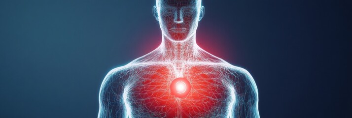 Poster - Glowing human torso featuring a vibrant red focal point located in the stomach area. Generative AI