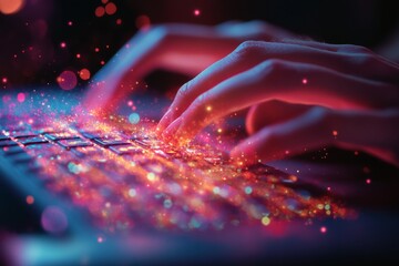 Poster - Holographic Data Streams on Keyboard in Soft Pastel Glow
