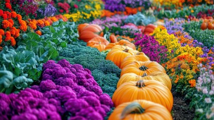 Aufkleber - Lush vegetable garden with vibrant rows of carrots, cabbages, and pumpkins during sunny weather in a rural setting. Generative AI