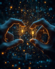 Poster - Cyberpunk Collaboration Two Hands Sharing Illuminated Security Keys Amidst Digital Encryption Symbols