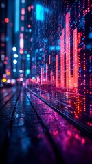 Poster - Futuristic Neon Finance Visualization Abstract Cyberpunk Financial Data in Urban Evening Setting