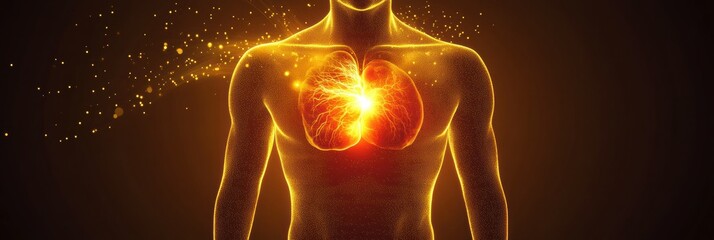 Aufkleber - Glowing human torso with radiant energy emanating from the stomach region during an ethereal light display. Generative AI