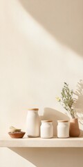 Aufkleber - Minimalist Kitchen Shelf with Ceramic Jars and Rustic Decor in Soft Sunlight